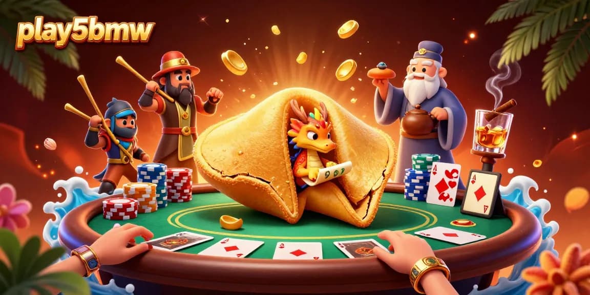 Play5BMW's vibrant 3D illustration featuring a giant fortune cookie, poker elements, and dragon guardians.