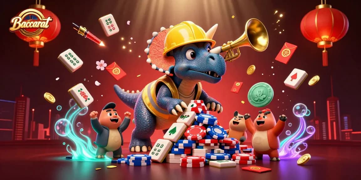 Baccarat gameplay scene featuring a cheerful triceratops and parasaurolophus with poker chips and festive decorations.