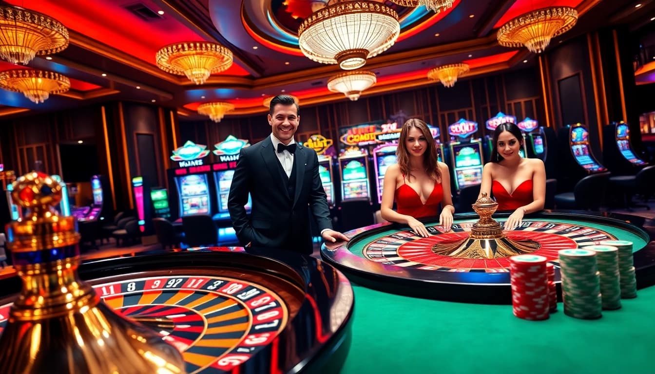 Experience the thrill of gaming at gg88.mov with players enjoying roulette and poker in a luxurious casino environment.