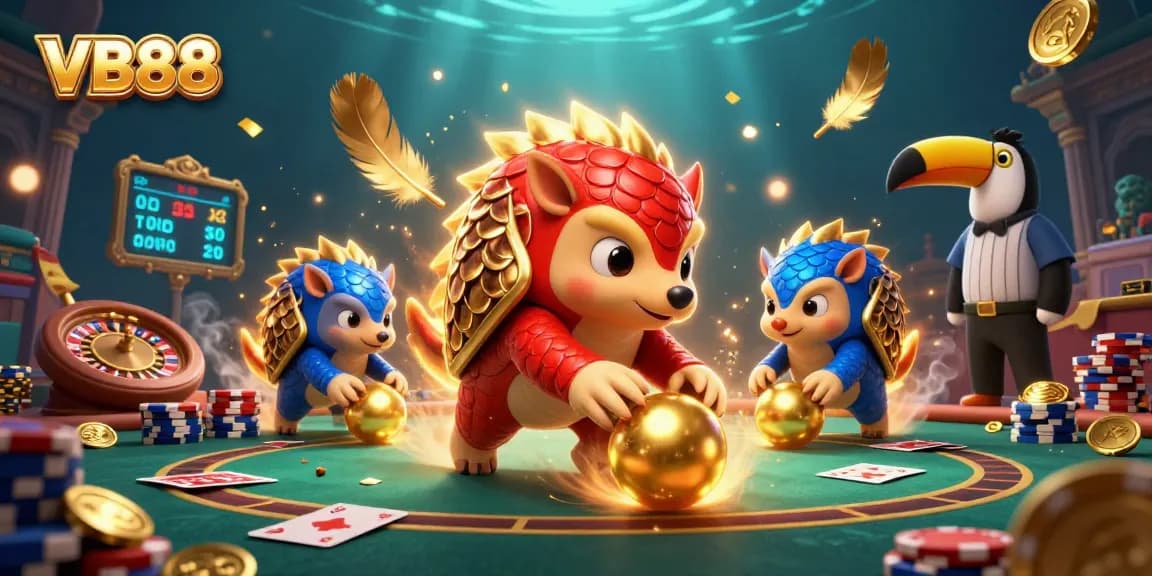 VB88 pangolins compete in a lively casino scene with poker chips and live game elements.