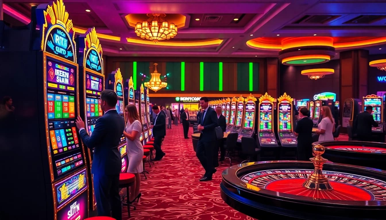 Engage with slot gacor strategies at an elegant casino featuring vibrant slot machines and players enjoying the game.