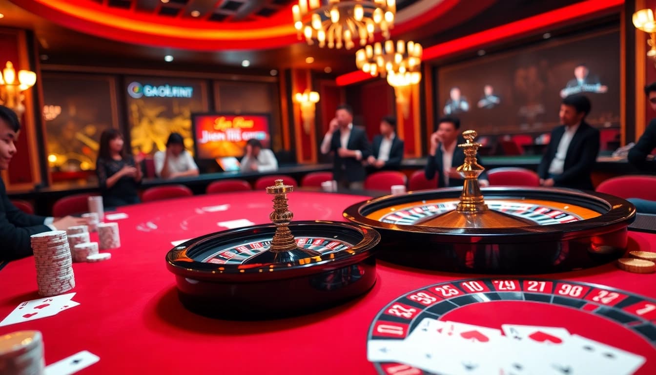Engaging players at a luxurious casino table discussing liên hệ okfun for support.