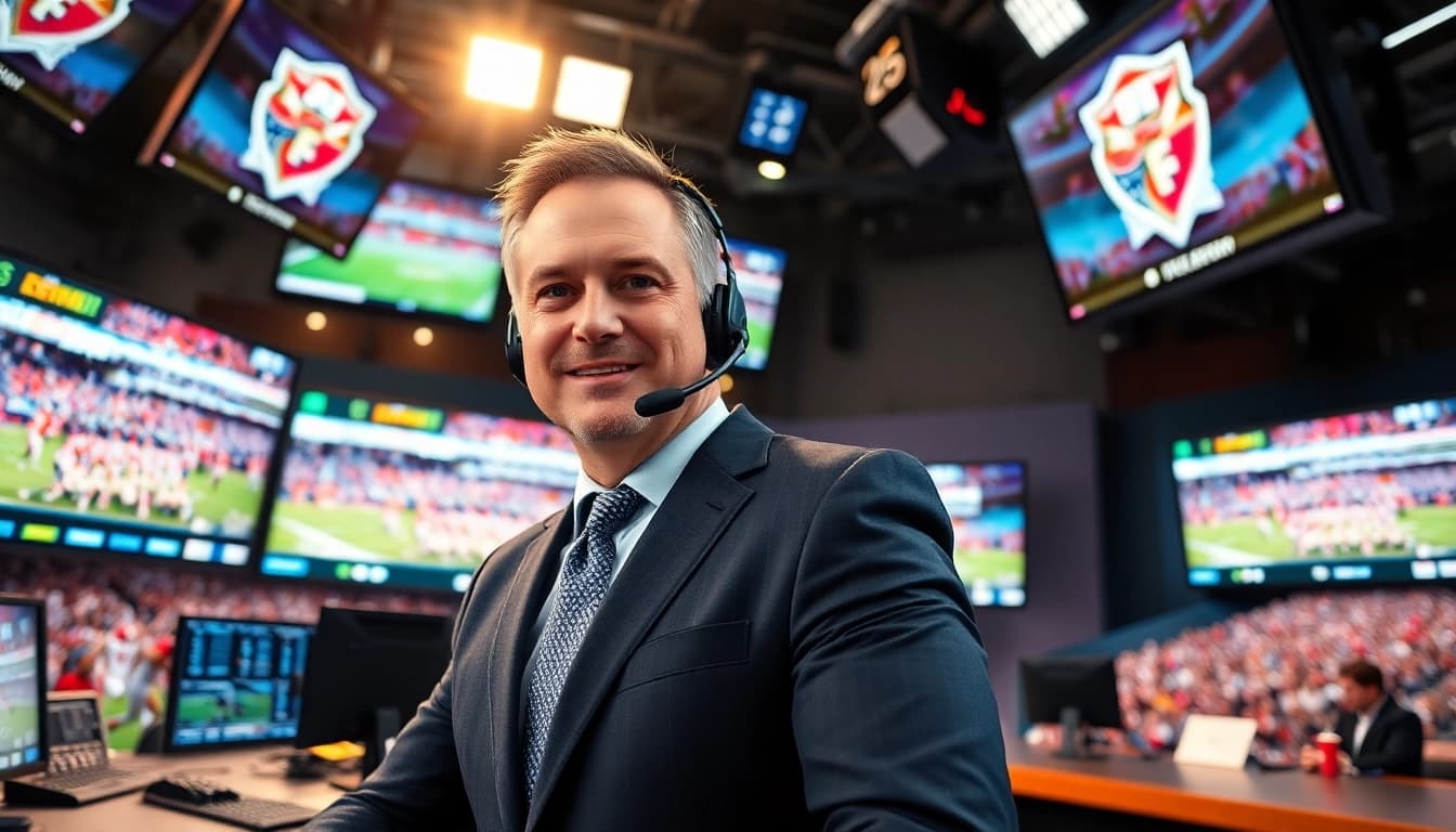 Engaging professional in a studio delivering Sports Broadcasting insights amidst vibrant visuals.
