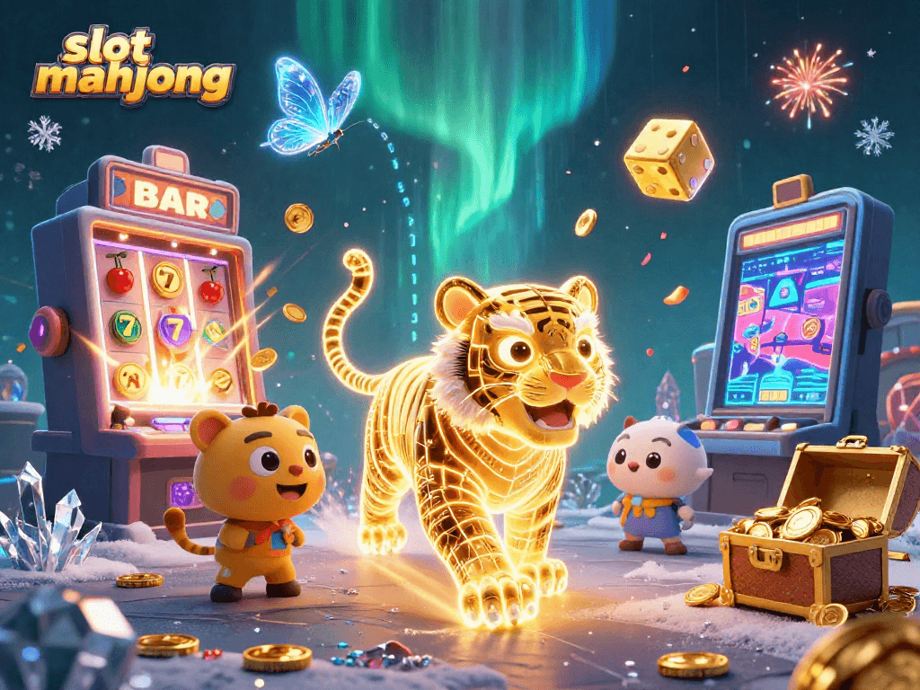 Engage in slot mahjong with a stunning casino scene featuring a golden tiger and joyous symbols.