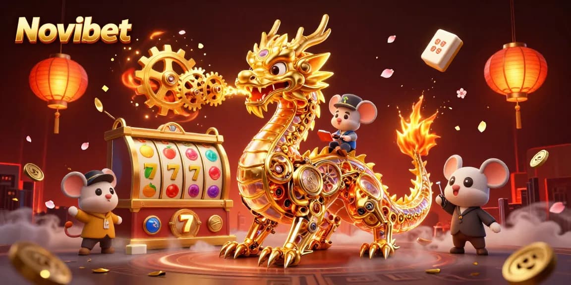 Experience excitement at Novibet with a vibrant casino scene featuring slot games and a dynamic dragon.