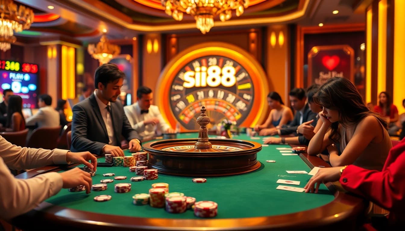 Siu88 casino players engaging in thrilling poker and roulette games under golden lights.