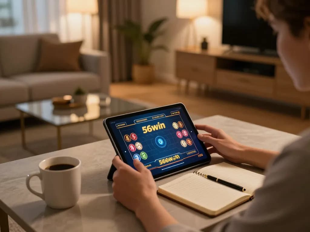 Player enjoying 56win gaming experience on tablet with notebooks and warm lighting in a cozy home.