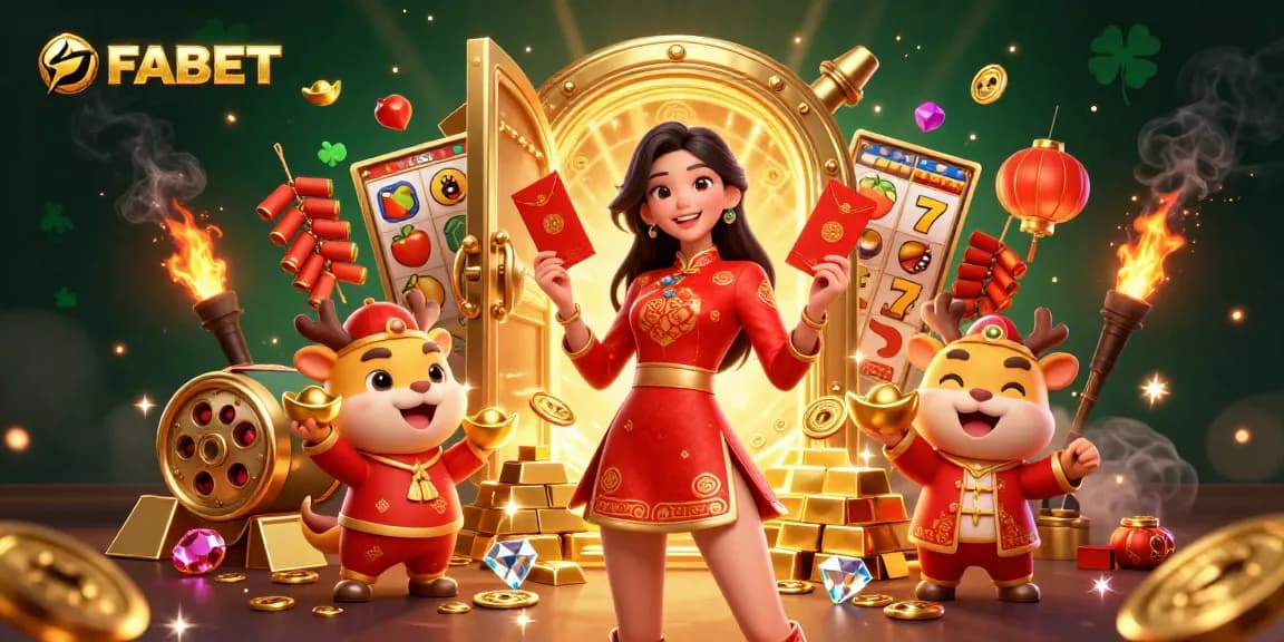 Experience thrilling slots and jackpots at FABET with vibrant 3D elements and festive decorations.