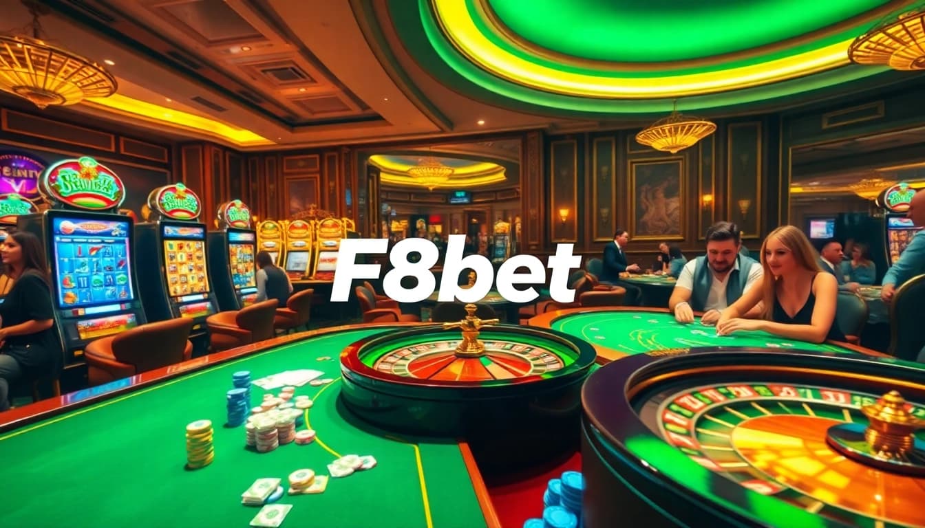 Experience the thrill of F8bet with vibrant casino tables, poker chips, and engaging players.