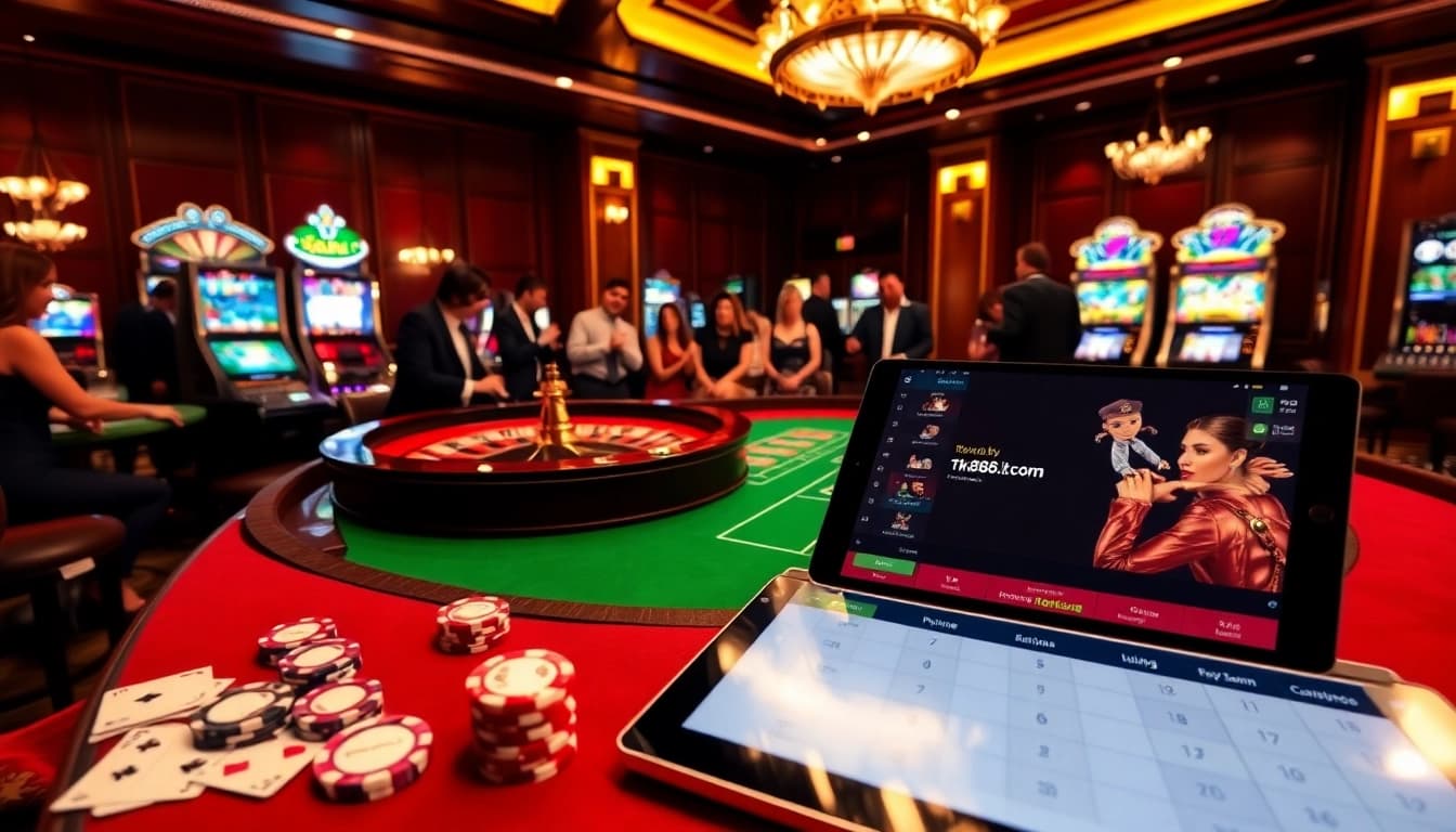 Gambling excitement at https://tk888.it.com/ with poker chips, roulette table, and slot machines.