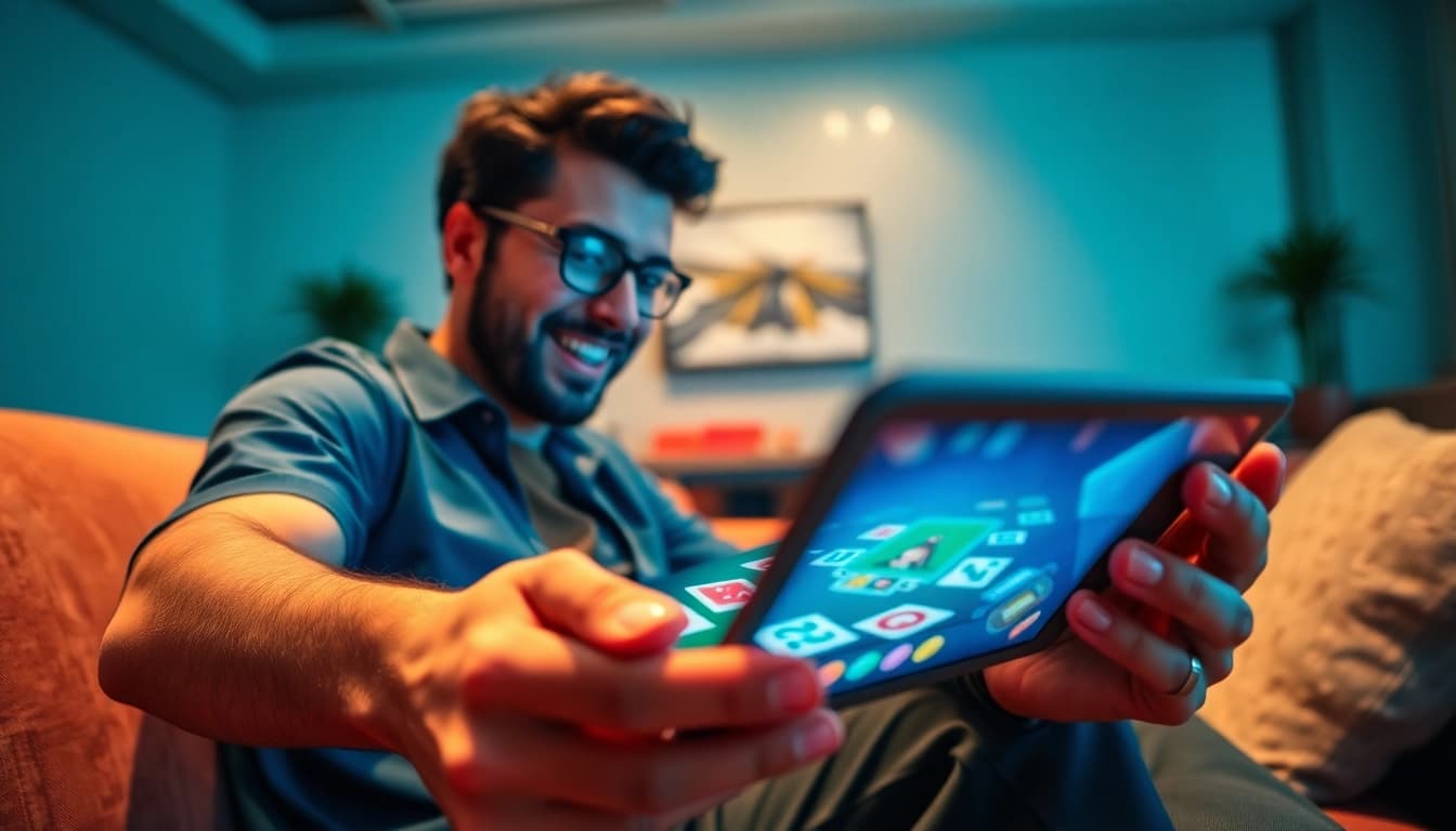 Exciting gameplay of Yono Rummy on a tablet, surrounded by a vibrant atmosphere.
