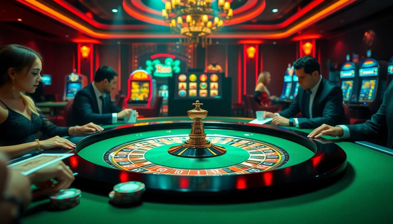 Players enjoying the thrill of RR88 casino games with luxury atmosphere and vibrant roulette table.