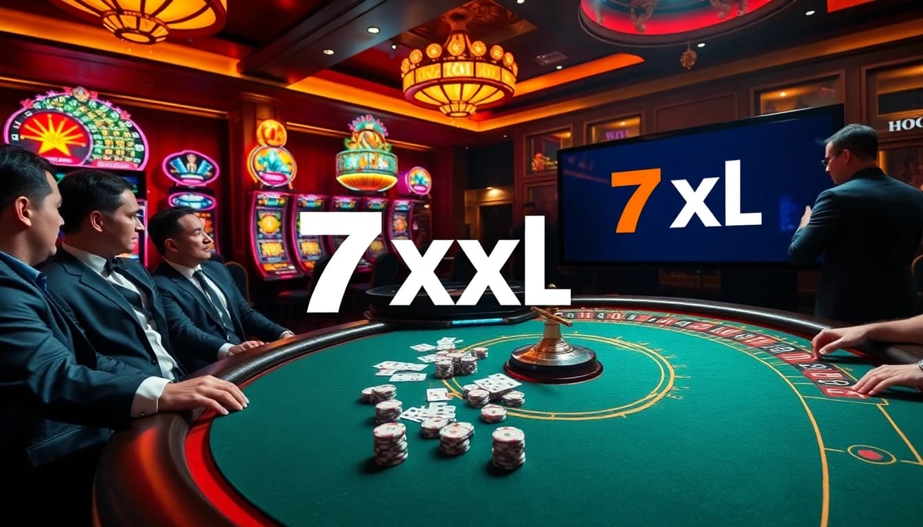 Players enjoying a thrilling game at the 7xl poker table in a glamorous casino setting.