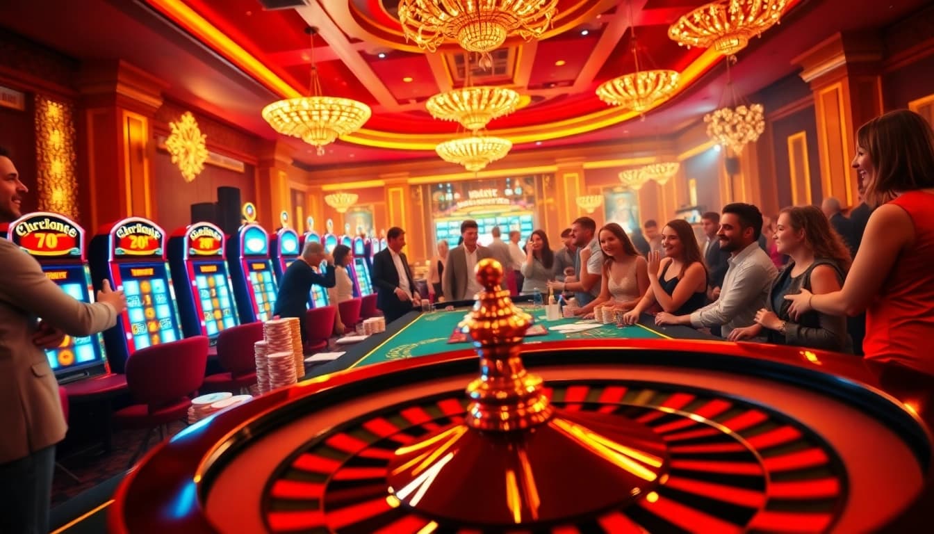 WN678 casino scene with vibrant poker tables, spinning roulette, and thrilled gamblers.
