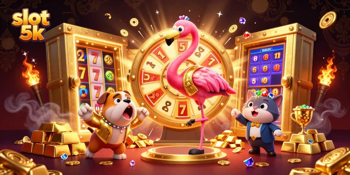 Spin to win with the slot 5k excitement, showcasing captivating characters and casino rewards.