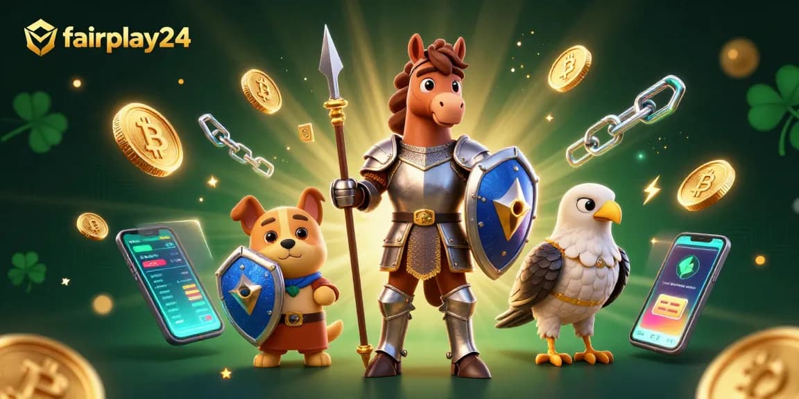 Engage in thrilling betting action with fairplay24, featuring knights and crypto elements in a vibrant 3D scene.