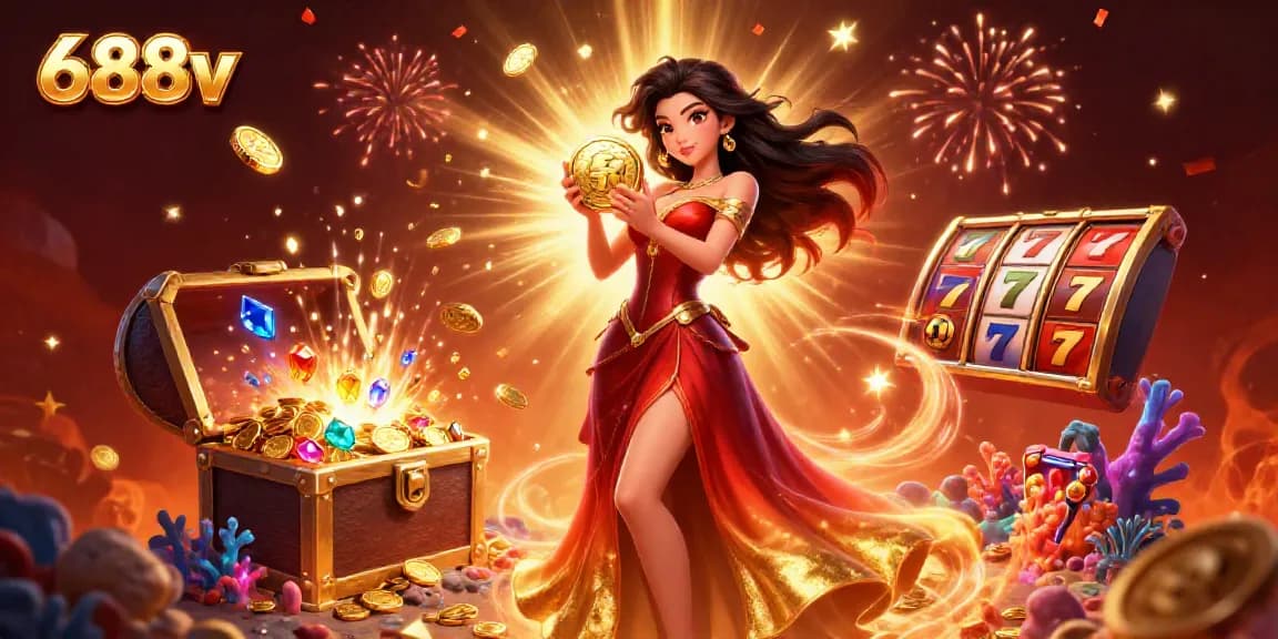 Experience premium gaming at 688v with vibrant illustrations of slot reels and stunning visuals.