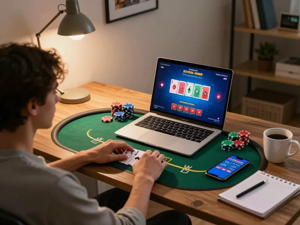 Bbet player engages in strategic online poker gaming at stylish home office