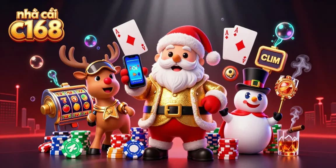 Spin slots with the friendly 3D Santa in the vibrant casino scene of nhà cái c168, showcasing jackpot excitement.