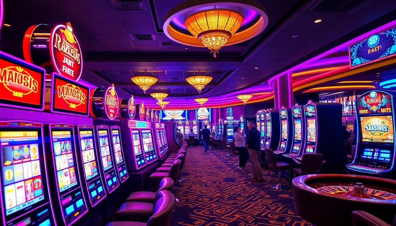 Excited players enjoying vibrant slot machines in a luxurious casino setting.