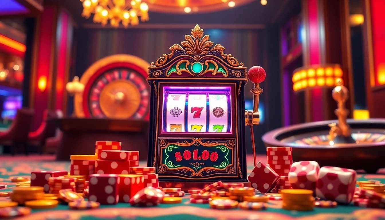 Experience the excitement of winning with slot gacor terpercaya at a vibrant casino scene featuring a luxurious slot machine.