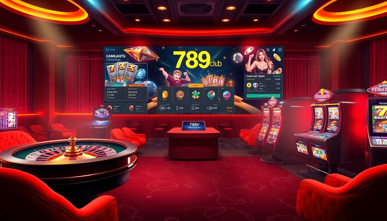 Engage with the thrilling ambiance of 789club, featuring roulette, poker chips, and slot machines.