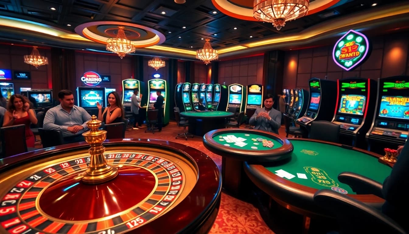 Players enjoying a thrilling game at a luxurious casino, showcasing the rr88 link for top online betting experiences.