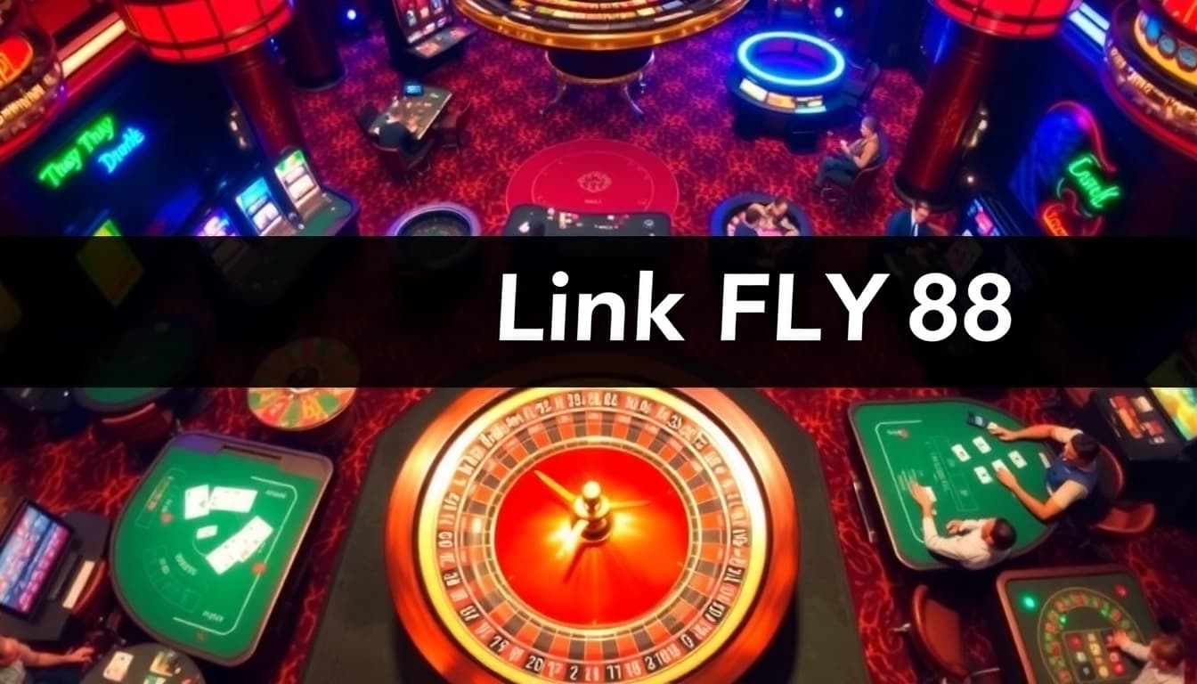 Link FLY88 showcases a luxurious casino scene with engaging players at gambling tables.