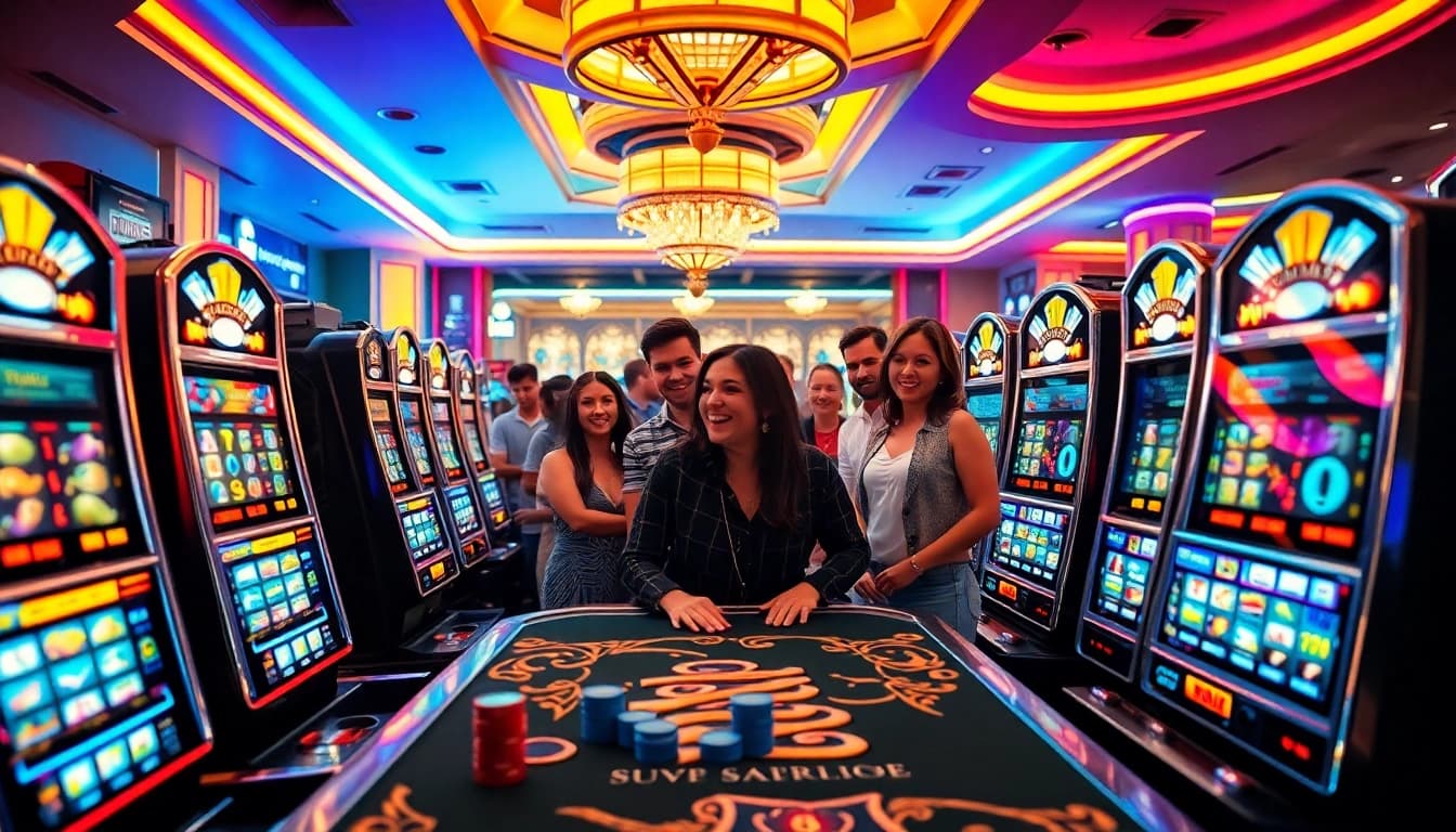 Players enjoying thrilling slot games at a colorful casino filled with vibrant machines.