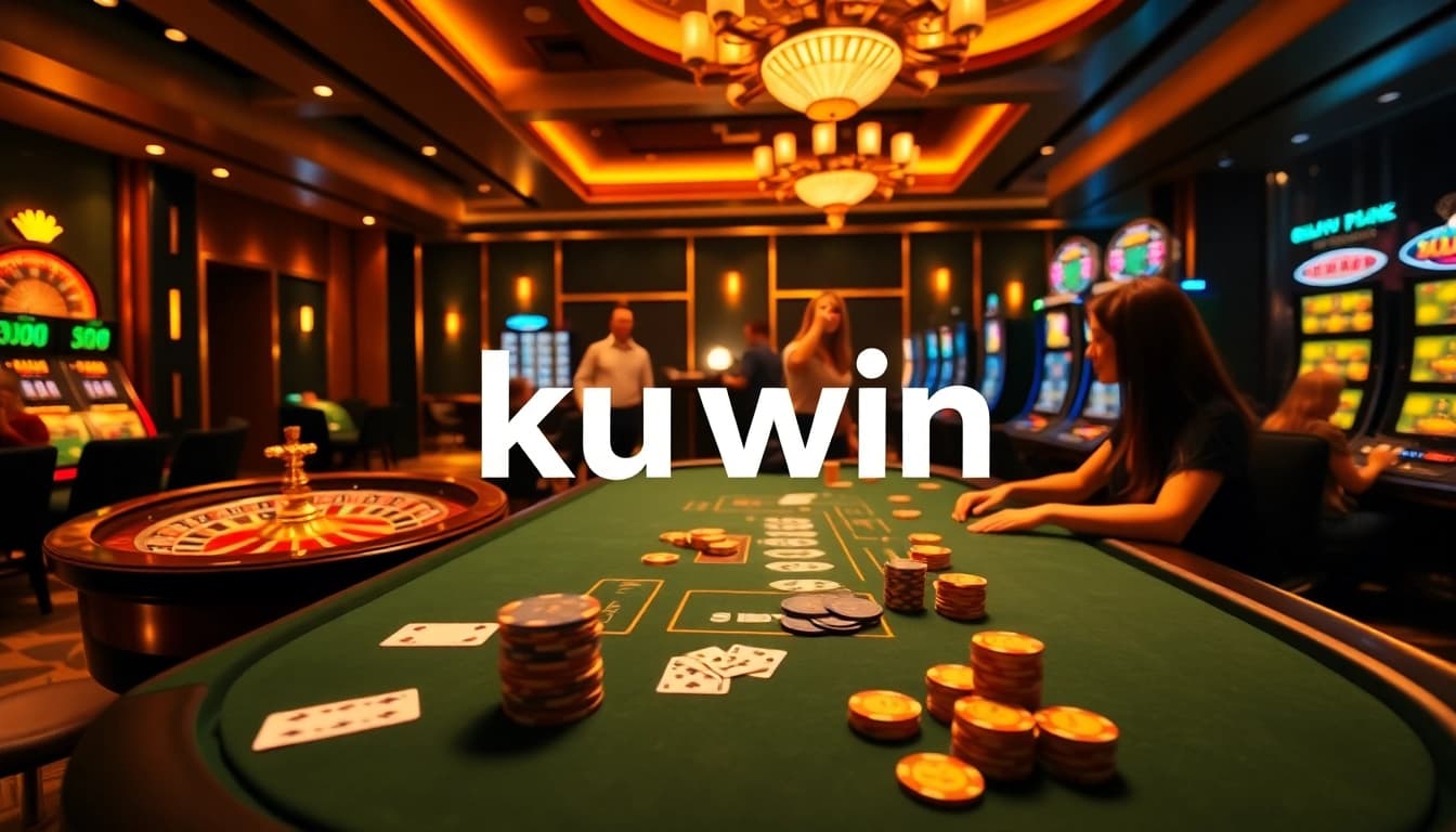 Kuwin online casino scene with exciting gameplay, professional poker table, and roulette wheel.