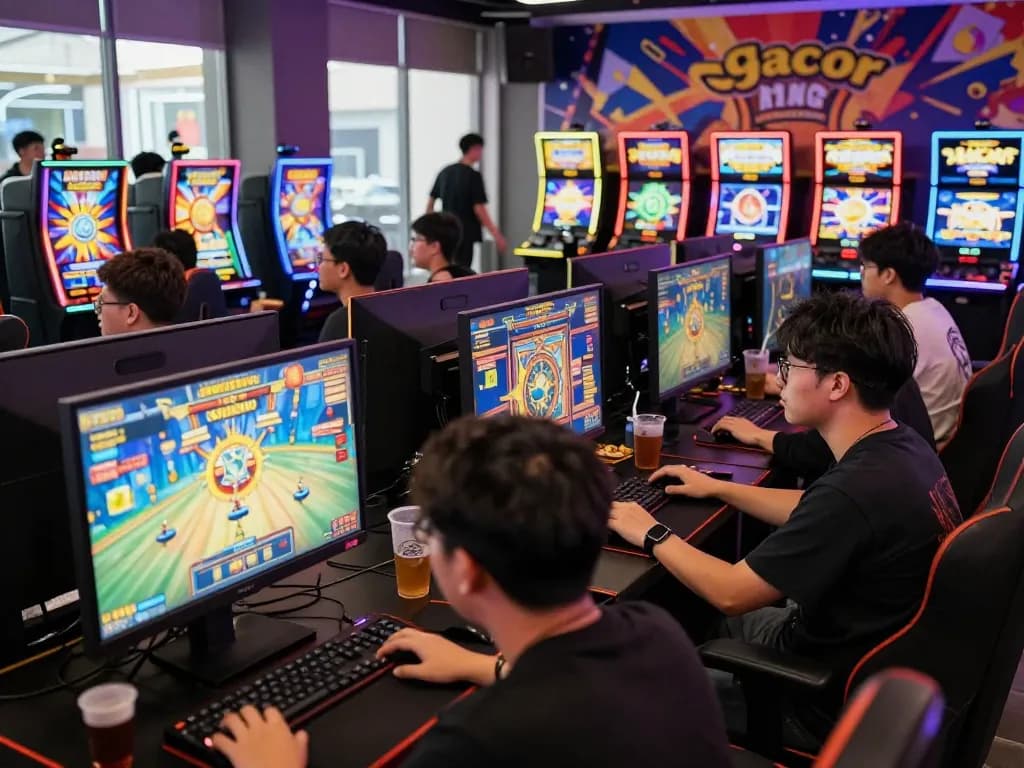 Engaged players enjoying slot gacor games in a vibrant gaming lounge atmosphere.