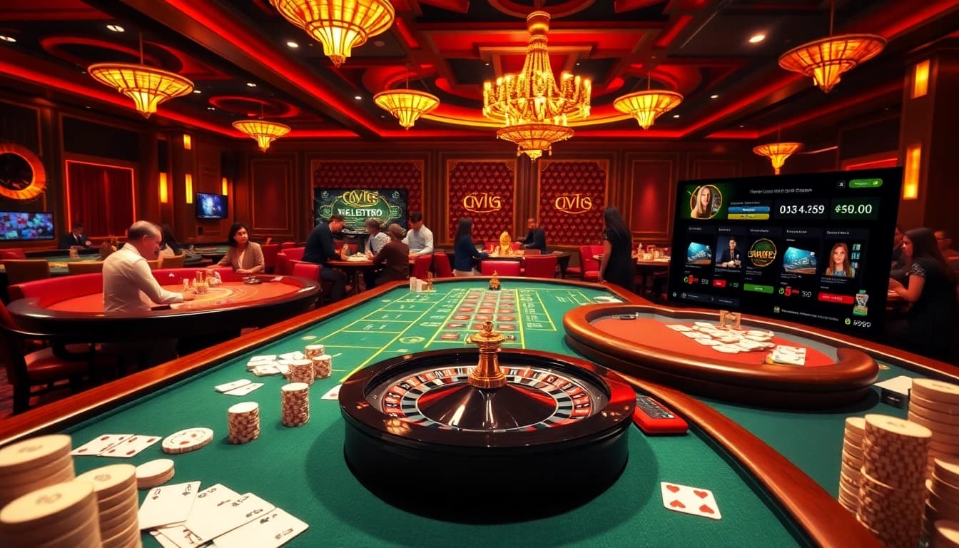 Exciting gambling scene showcasing nhà cái NOHU90 with high-stakes betting, casino tables, and engaged players.
