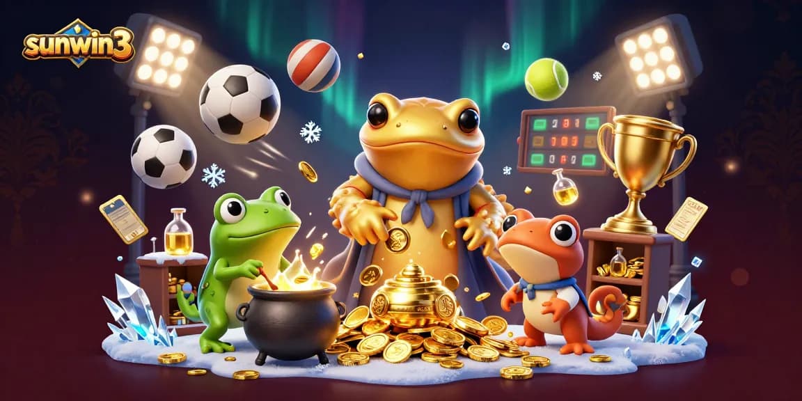 Win big with sunwin3's dynamic 3D casino scene featuring golden elements and vibrant gaming symbols.