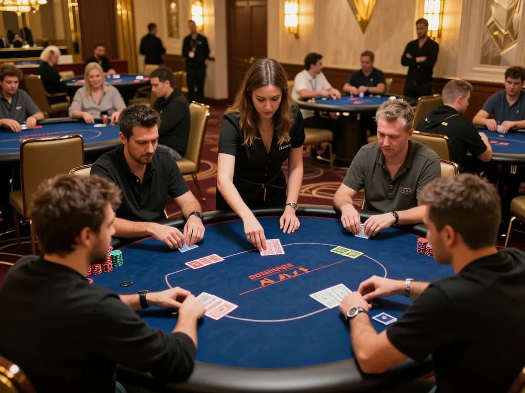 Players engage in strategic gameplay on vicwin poker tables under warm lights, highlighting an exciting casino atmosphere