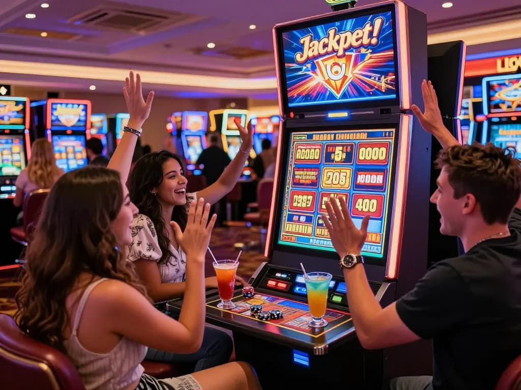 Kumpulan orang yang bersemangat merayakan kemenangan jackpot di mesin link slot di kasino yang ramai.