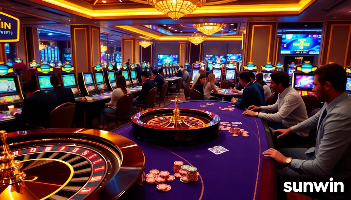Experience the thrilling atmosphere of sunwin with players engaged at vibrant gaming tables.