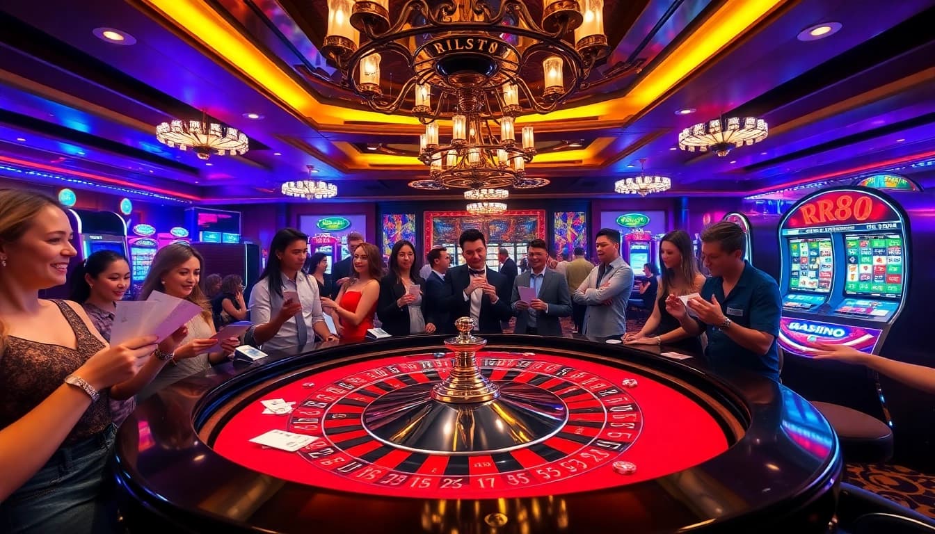 Engaging players at RR88 casino’s vibrant roulette table with colorful chips and cards.