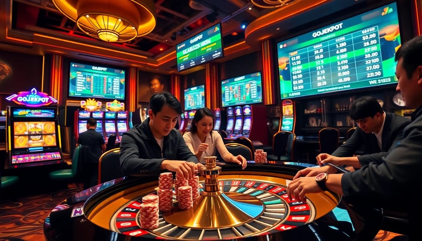 Experience the thrill of gojekpot at vibrant casino tables featuring roulette, slots, and poker.