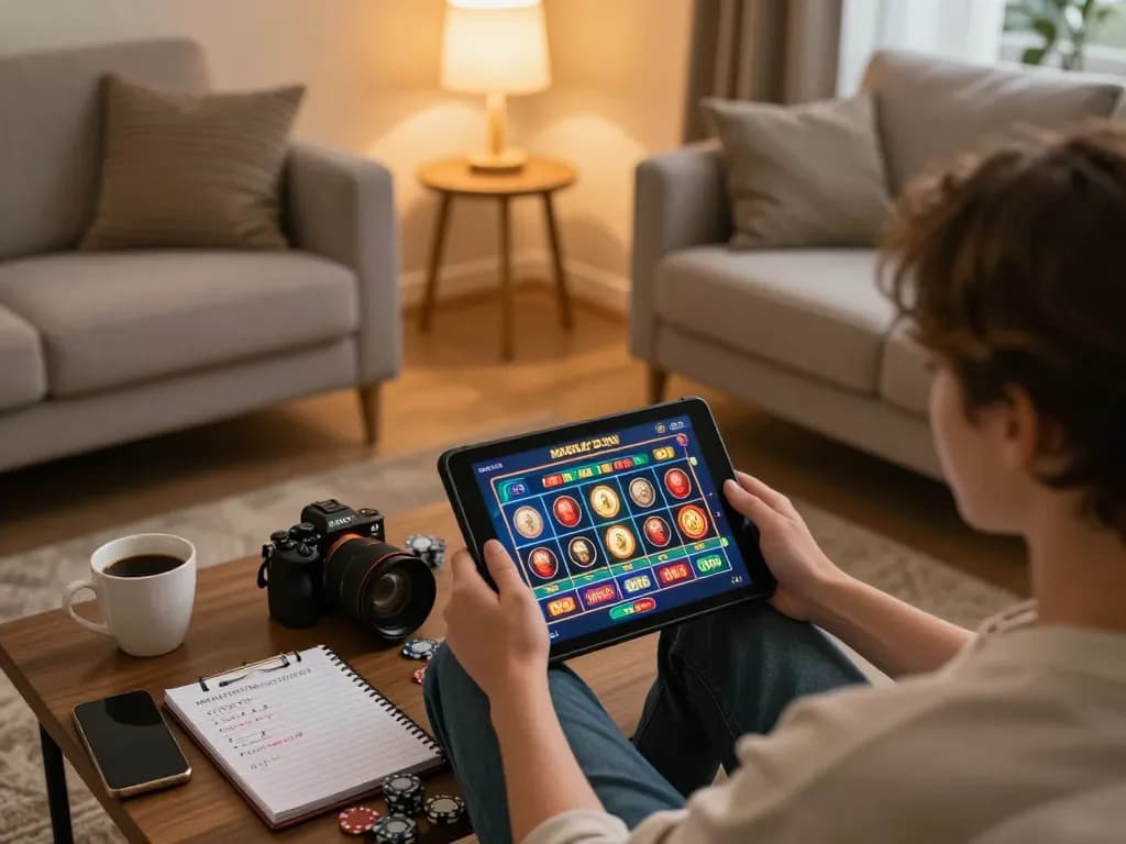 Person enjoying online gambling at home with 88bet com tablet interface and strategy notes.