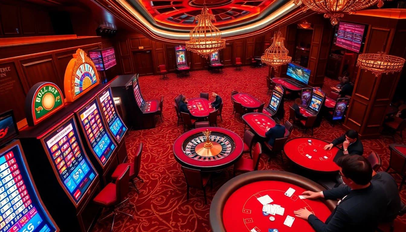 Experience the excitement of Bl555 through vibrant casino action, featuring poker tables and slot machines.