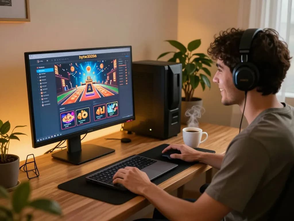 Player engaging with the hytw3339a online casino platform in a cozy home setting