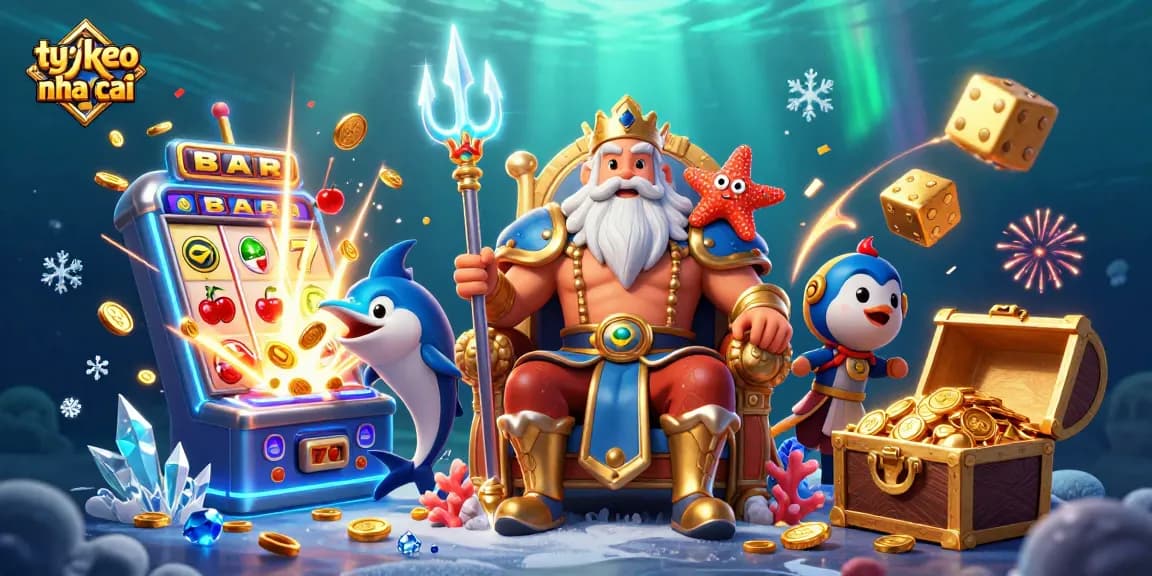 Experience thrilling ty le keo nha cai action with Neptune and a jackpot explosion in this vibrant illustration.