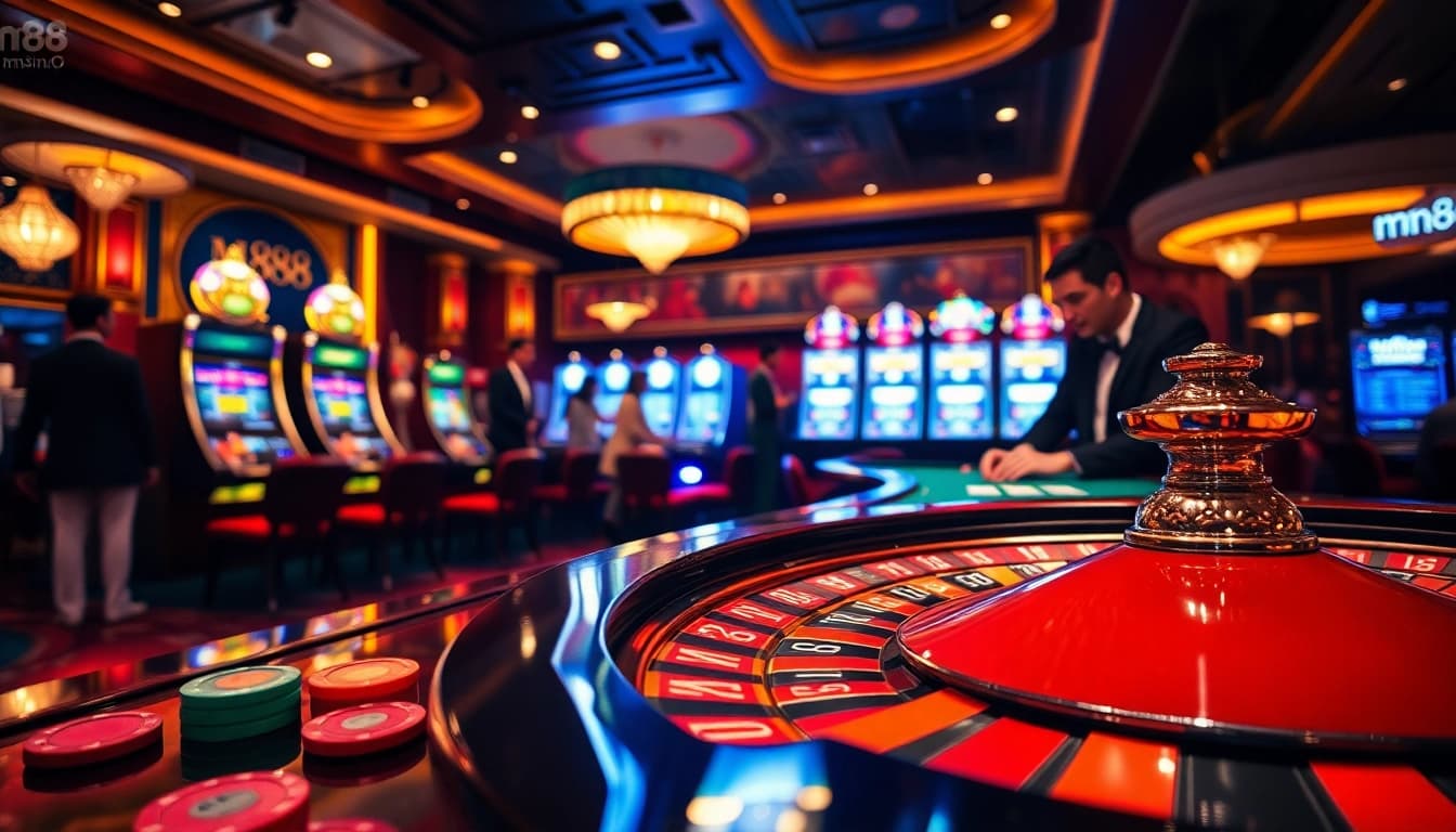 Experience the thrill of mm888 at a luxurious casino table filled with cards and chips.