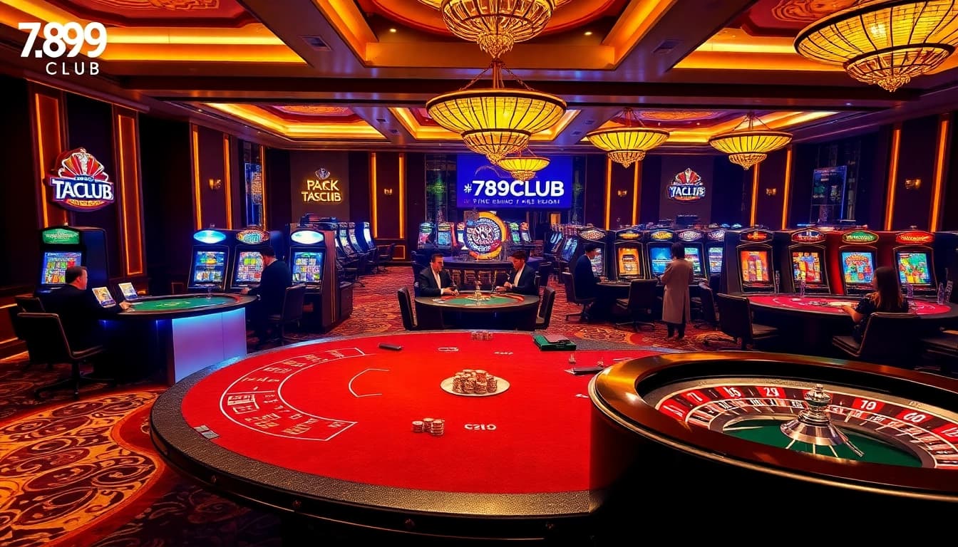 Players enjoying the thrilling atmosphere of 789CLUB casino with vibrant slot machines.