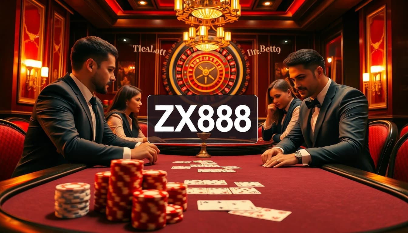Engaged players at a poker table, showcasing excitement and strategy while betting on ZX88.Casino atmosphere.