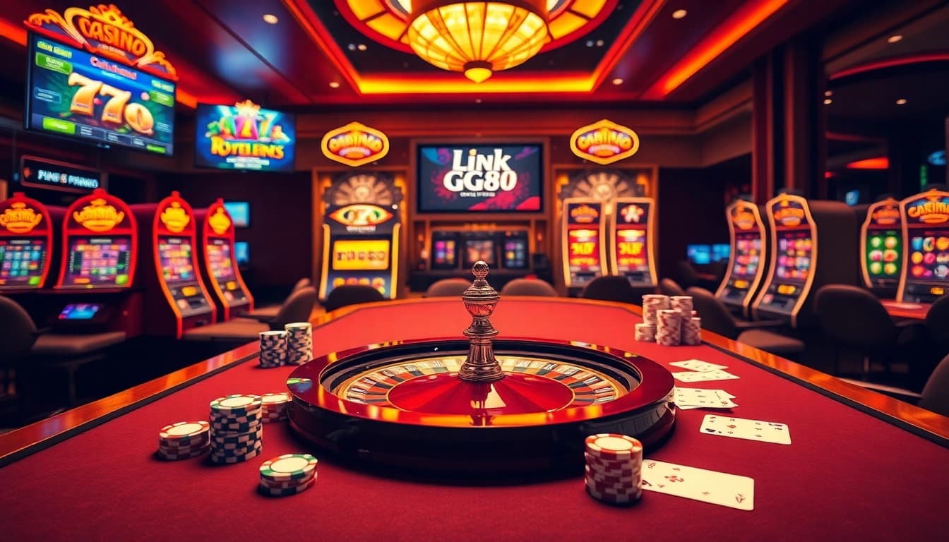 Experience the excitement of Link GG88 at a luxurious casino, featuring vibrant tables, chips, and cards.