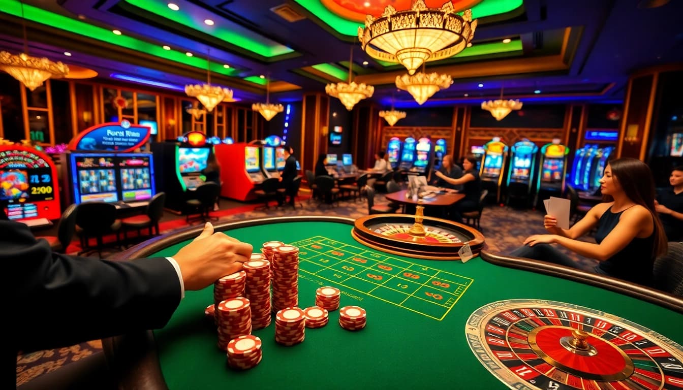 Engaging casino atmosphere with 58win gaming tables, vibrant chips, and roulette wheel excitement.