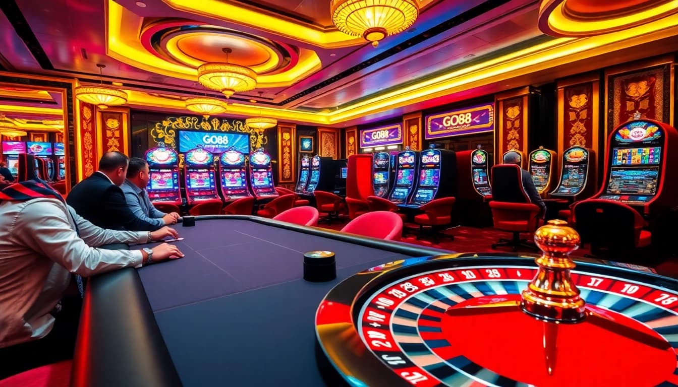 Players enjoying a thrilling poker game at GO88's luxurious online casino platform.