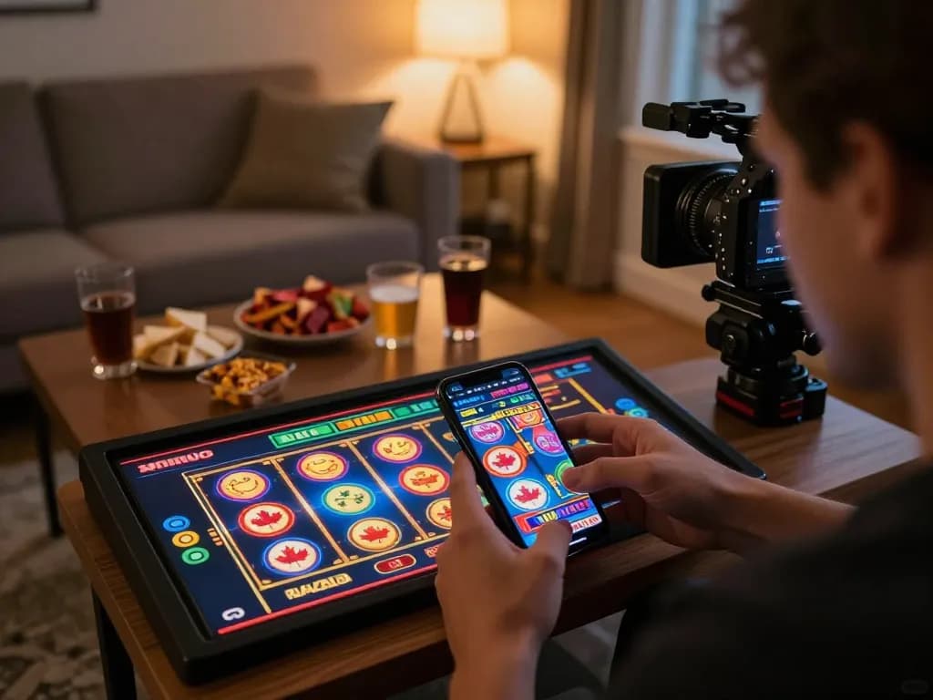 Enjoying online casinos in Canada with a smartphone during a cozy home gaming session