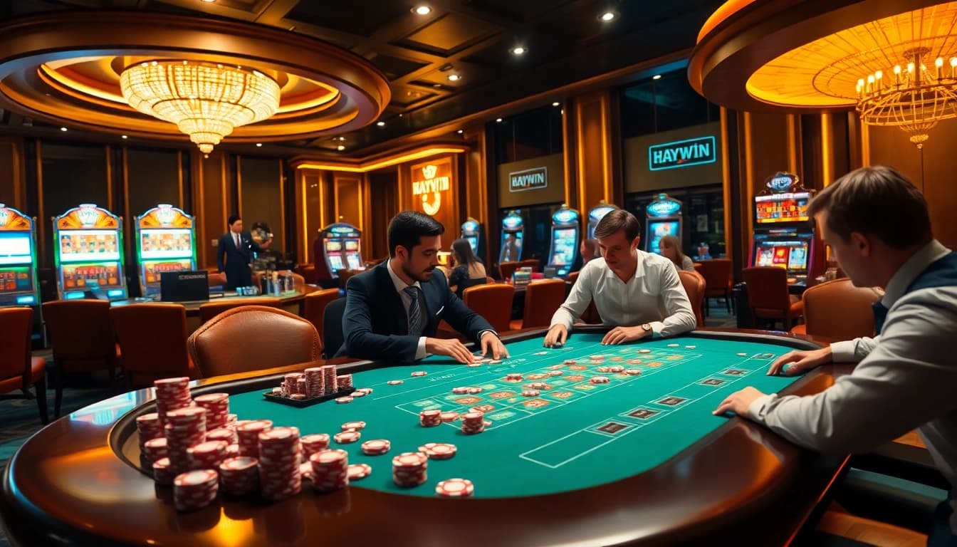 Players engage in thrilling poker gameplay at a lively casino table, highlighting the excitement of haywin.